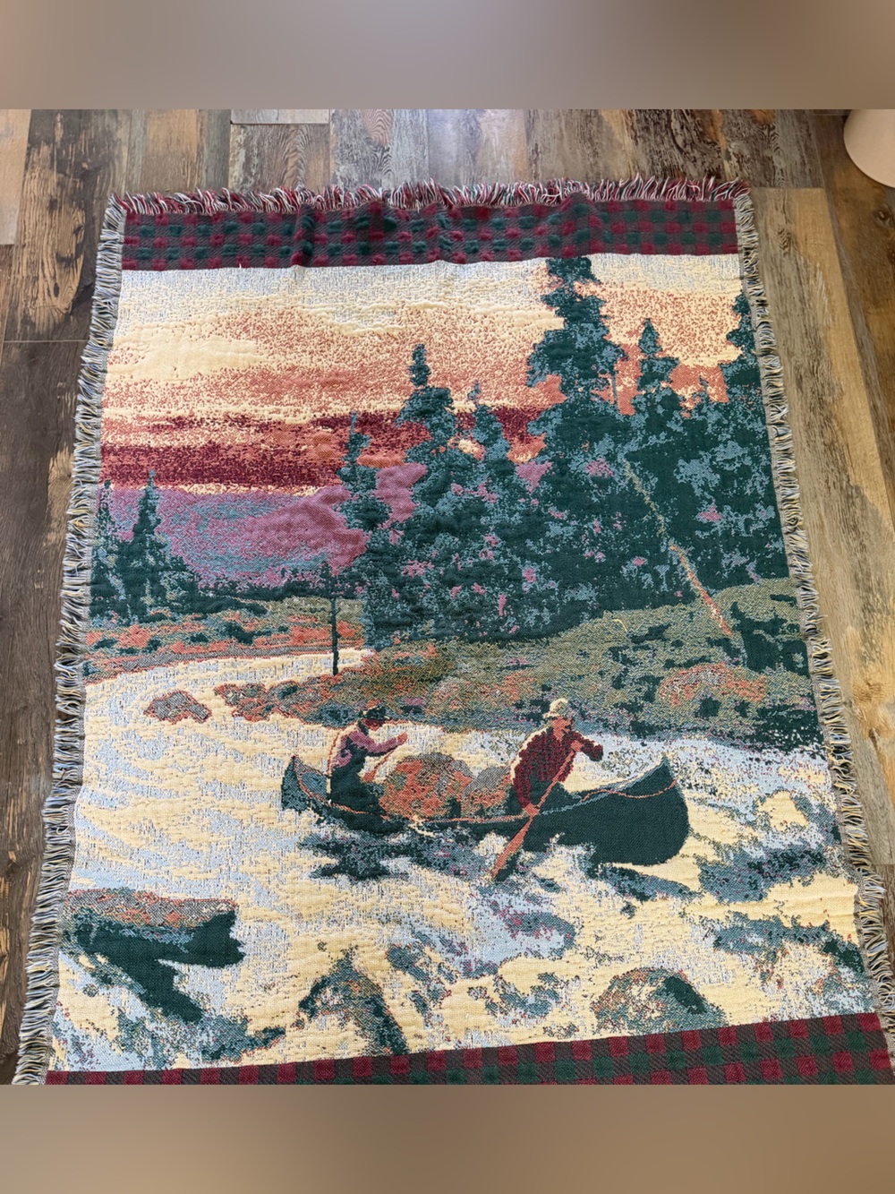 VTG Goodwin Weavers Woven Tapestry Blanket Fisherman Rowing Boat Lake Sunset